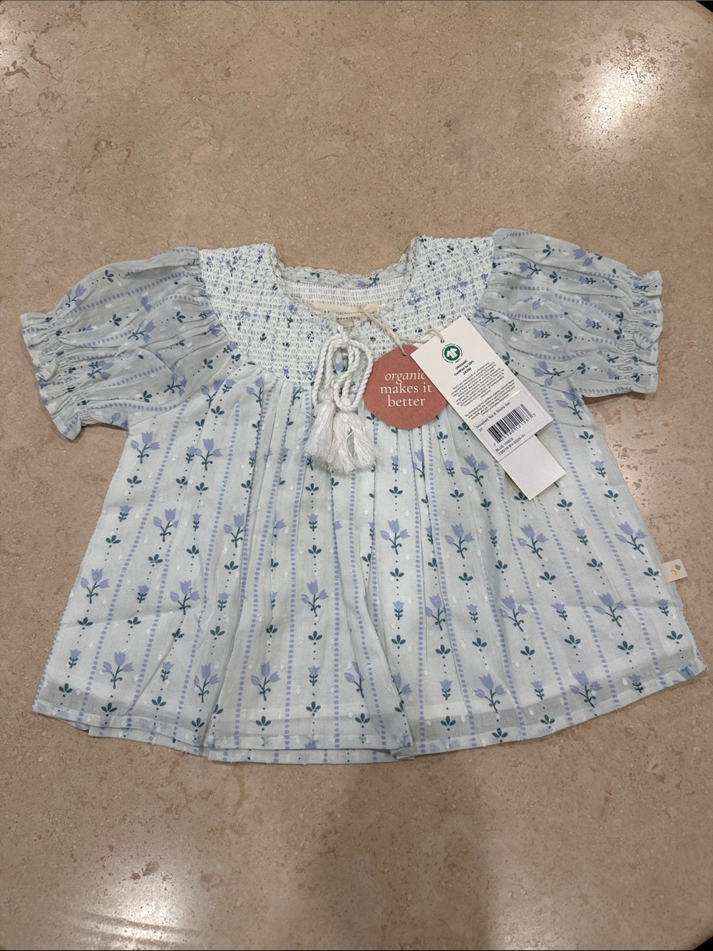 Makemake Organics GOTS Organic Cotton Blue Floral Smocked Baby Top